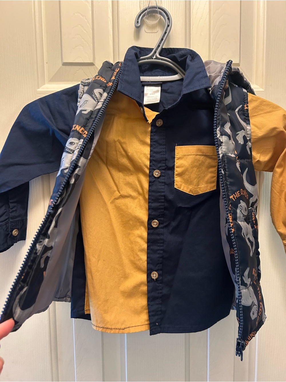 Boys Two-Tone Navy and Mustard Button-Up Shirt with Vest NWOT